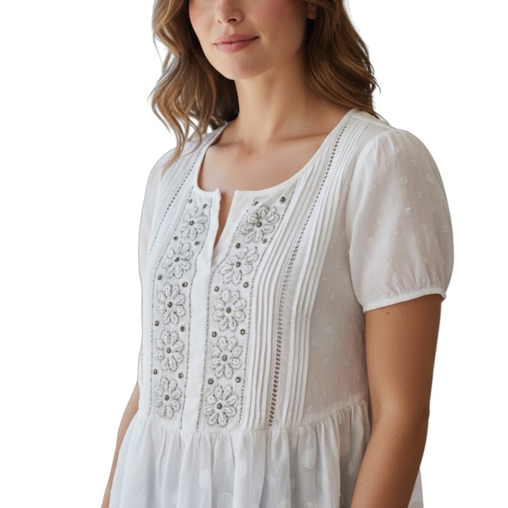 Leifsdottir Anthropologie Beaded Sheer White Peplum Blouse Size 0